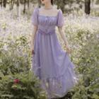 Square-neck Puff-sleeve Tiered Maxi A-line Dress