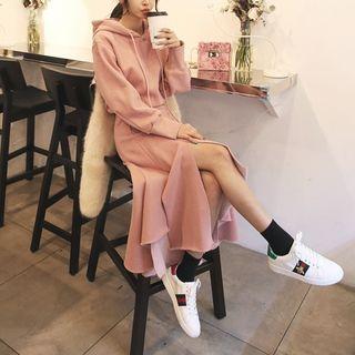 Set: Hooded Pullover + Asymmetric Ruffle Midi Skirt