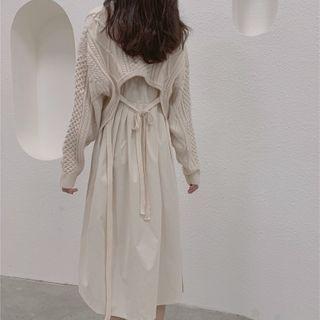 Spaghetti Strap Midi Shift Dress / Cable-knit Cropped Sweater