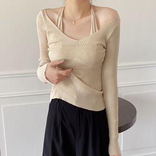 Mock Two Piece Long-sleeve V-neck Halter Plain Slim Fit Knit T-shirt