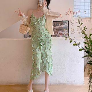 Spaghetti Strap Floral Ruffled Midi Dress / Cardigan