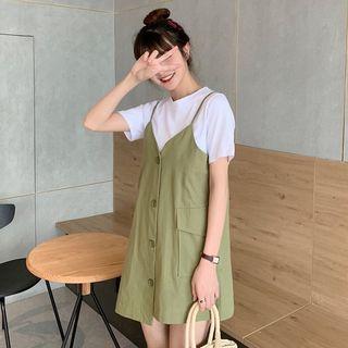 Crew-neck Short-sleeve T-shirt / Pocket Detail Spaghetti Strap Dress