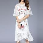 Floral Embroidered Elbow-sleeve Midi Lace Dress
