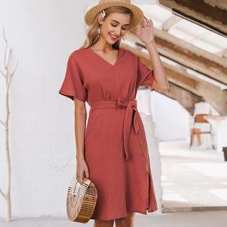 Tie-waist Slit A-line Dress