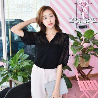 Elbow-sleeve Dotted Chiffon Top