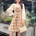 Long-sleeve Paneled Plaid A-line Dress Khaki - M