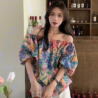 Off-shoulder Puff-sleeve Flower Print Top Multicolor - One Size