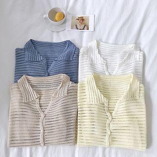 Plain Single-breasted Cut Out Knit Short-sleeve Top