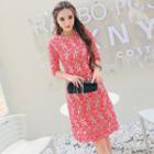 Elbow-sleeve Floral Embroidered Shift Dress