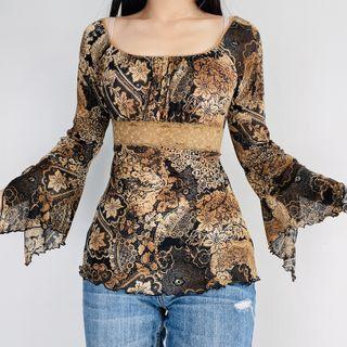 Bell-sleeve Ruffled-trim Floral Print Lace Panel Blouse