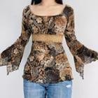 Bell-sleeve Ruffled-trim Floral Print Lace Panel Blouse
