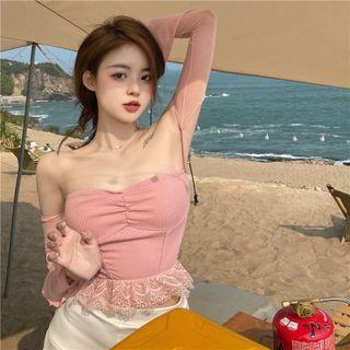 Long-sleeve Off-shoulder Top Pink - One Size