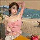 Long-sleeve Off-shoulder Top Pink - One Size