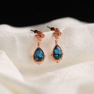 Rhinestone Drop Earring 1 Pair - 925 Silver Steel - Dark Blue Rhinestone - Gold - One Size
