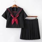 Ribbon Bow Shirt / Pleated Skirt / Cardigan / Set