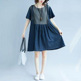 Short-sleeve Denim Panel A-line Dress