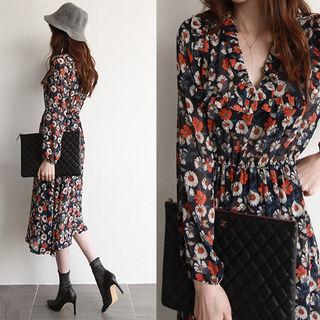 Wrap-front Flower Pattern Midi Dress