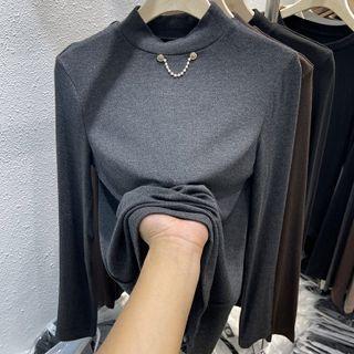 Mock-neck Long-sleeve Faux Pearl Panel Plain Top