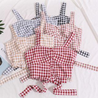 Tie-hem Sleeveless Cropped Plaid Top