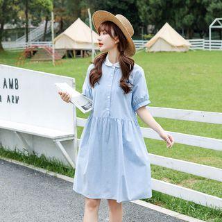Short-sleeve Letter Embroidered Plaid Smock Dress