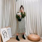 Set: V-neck Fluffy Sweater + Leopard Midi Skirt Khaki - One Size