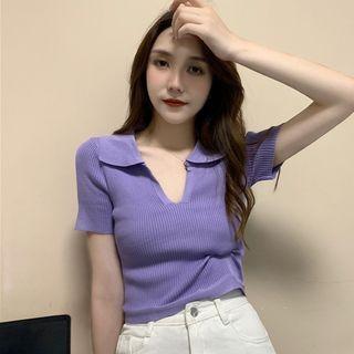 Short-sleeve Polo-neck Knit Crop Top