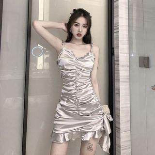 Spaghetti Strap Satin Ruffle Trim Mini Bodycon Dress