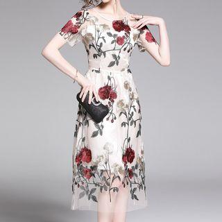 Short-sleeve Midi Embroidered Mesh Dress