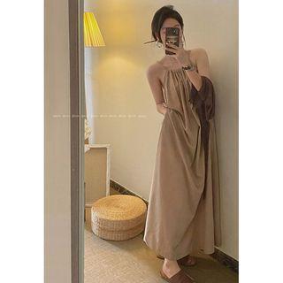 Tie-neckline Sleeveless Maxi Dress Khaki - One Size