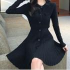 Long-sleeve Button-up Pleated Knit A-line Dress
