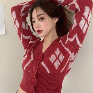 V-neck Argyle Cropped Knit Cardigan