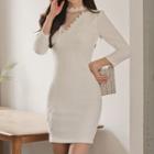 V-neck Lace Trim 3/4-sleeve Dress
