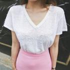 Fringed V-neck Linen T-shirt
