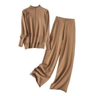 Set: Plain Long-sleeve Sweater + Straight Cut Knit Pants