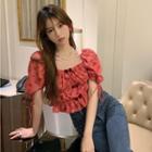 Puff-sleeve Floral Bow Crop Top Rose Pink - One Size