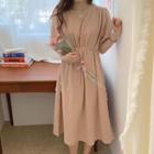Puff-sleeve Linen Blend V-neck A-line Midi Dress As Shown In Figure - One Size