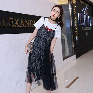 Set: Number Print Short Sleeve T-shirt + Floral Print Spaghetti Strap Midi Dress