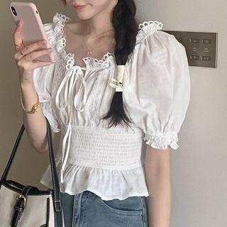 Short-sleeve Off Shoulder Lace Trim Top White - One Size