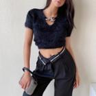 Chain Strap Open-front Short Sleeve Cropped Plush Knit Top