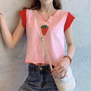 Cap-sleeve Strawberry Print Cropped T-shirt