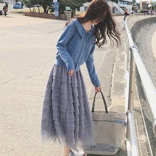 Wide Collar Cardigan / Midi Layered Skirt / Set