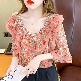 Flared-sleeve Floral Blouse
