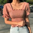 Frill-hem Ruched Square-neck Blouse