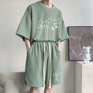 Set Of 2: Short-sleeve Print T-shirt + Print Shorts