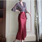 Floral Print 3/4-sleeve Wrap Blouse / Midi Straight-fit Skirt