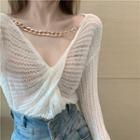 Long Sleeve Chain Detail Eyelet Knit Top