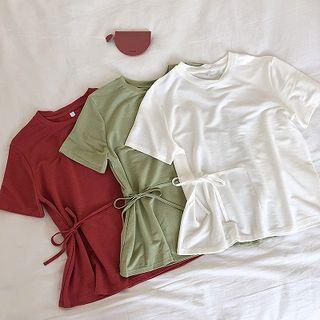 Plain Lace-up Crewneck Short-sleeve Top