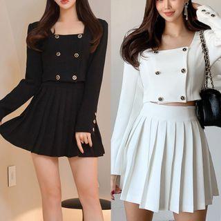Set: Square-neck Top + Plated Skirt
