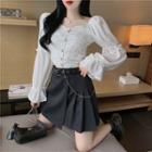 Puff-sleeve Square-neck Faux Pearl Blouse / High-waist Pleated Skirt