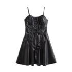 Spaghetti Strap Lace-up Faux Leather Mini A-line Dress